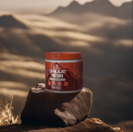 Restoros Shilajit resin supplement with mountain in the background